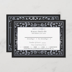 Silver Black Medieval Sword Wedding RSVP QR Code Enclosure Card
