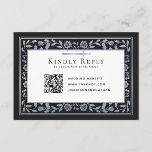 Silver Black Medieval Sword Wedding RSVP QR Code Enclosure Card