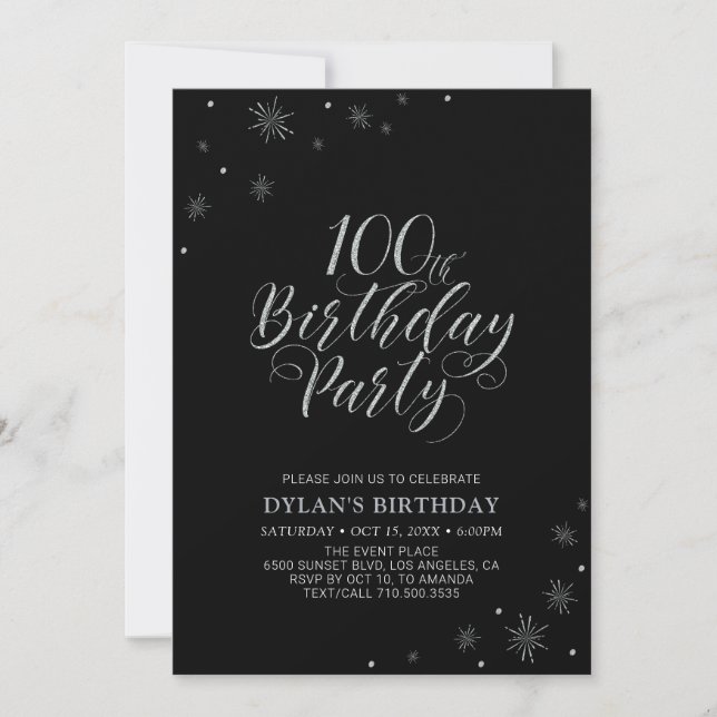 Silver & Black | Modern 100th Birthday Party Invitation (Front)