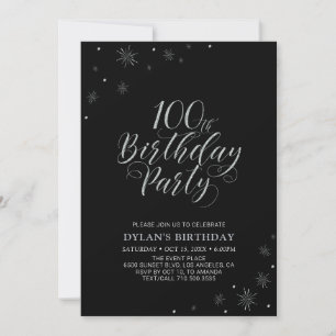 Silver & Black   Modern 100th Birthday Party Invitation