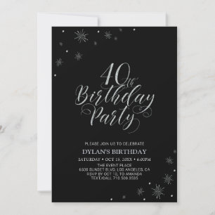 Silver & Black   Modern Chic 40th Birthday Party Invitation