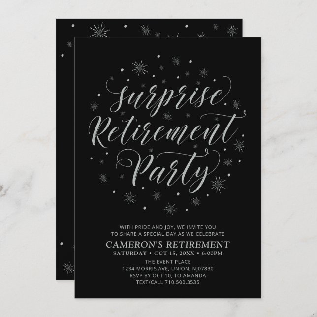 Silver & Black | Modern Surprise Retirement Party Invitation (Front/Back)