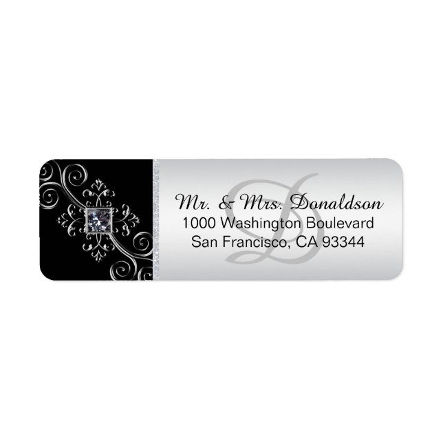 Silver Black Monogram Envelope Return Address Label (Front)