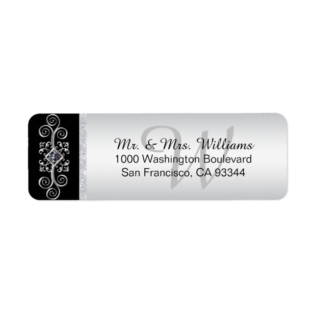 Silver Black Monogram Envelope Return Address Label (Front)