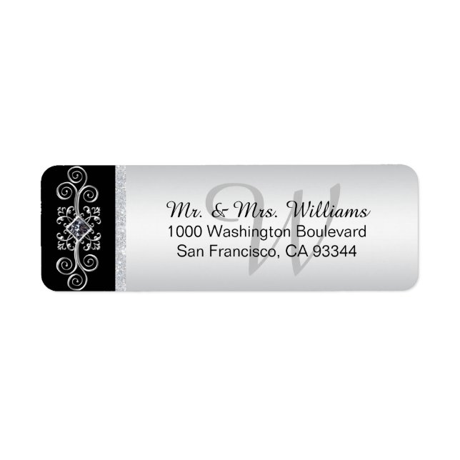 Silver Black Monogram Envelope Return Address Return Address Label (Front)