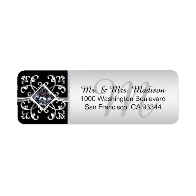 Silver Black Monogram Envelope Return Address Return Address Label (Front)