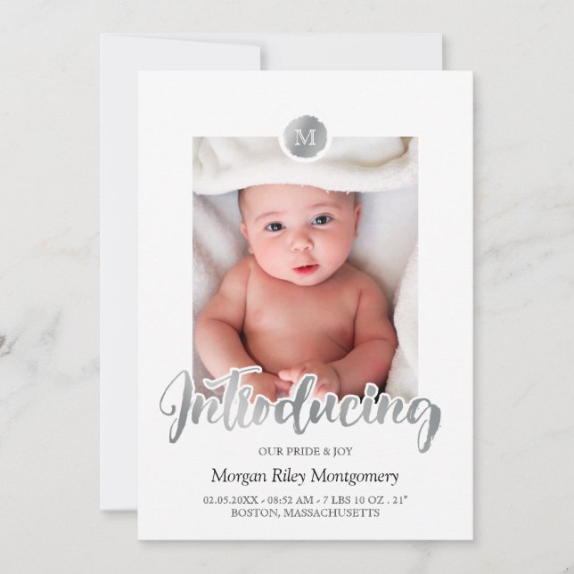 Silver & Black Monogram Introducing Baby Announcement (Front)