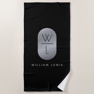 Silver & Black Monogram Modern Minimalist Beach Towel