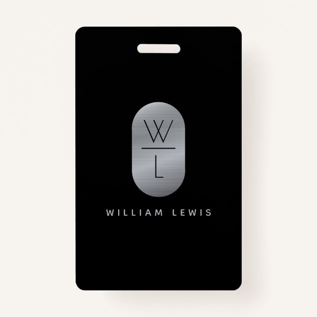 Silver & Black Monogram Modern Minimalist ID Badge (Front)