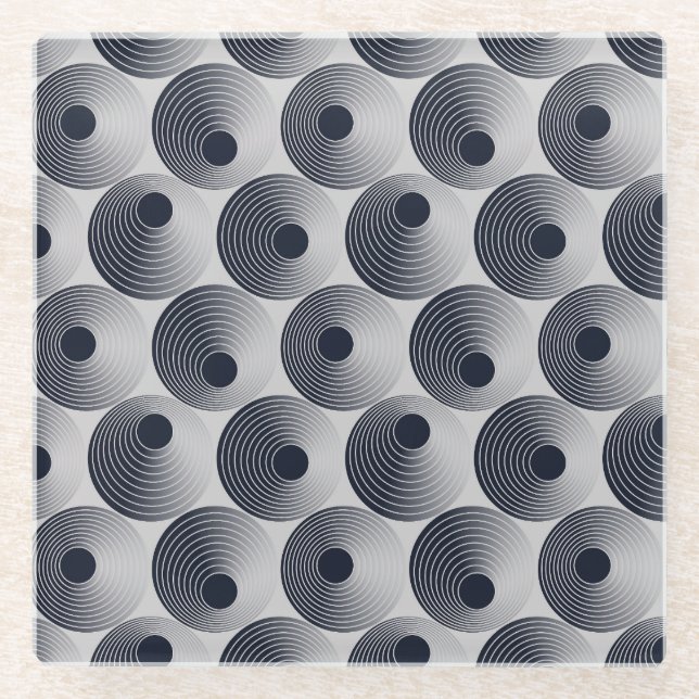Silver-black mosaic: concentric rings texture. glass coaster (Front)