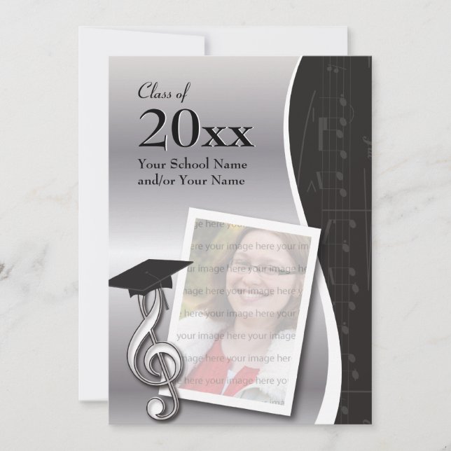 Silver & Black Music Graduation Invitation (Front)