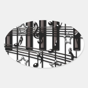 Silver Black Piano Keyboard Notes and Stars Oval Sticker
