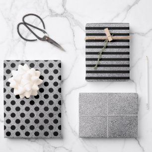 Silver Black Polka Dots Stripes Christmas Holiday Wrapping Paper Sheet