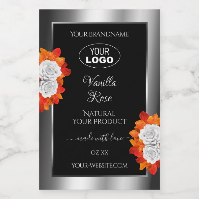 Silver Black Product Label Orange White Roses Logo (Single Label)