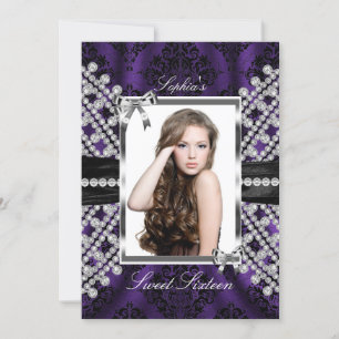 Silver Black Purple Jewel & Damask Photo Sweet 16 Invitation