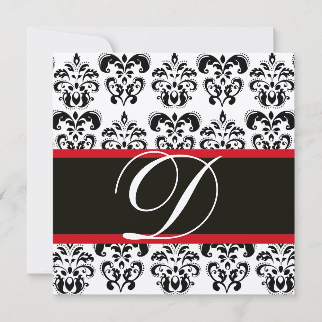 SILVER & BLACK  RED  DAMASK MONOGRAM , white Invitation (Front)