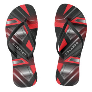 Silver, black, red geometric gaming monogram thongs