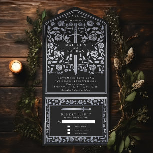 Silver Black Royal Mediaeval Sword Wedding  All In One Invitation