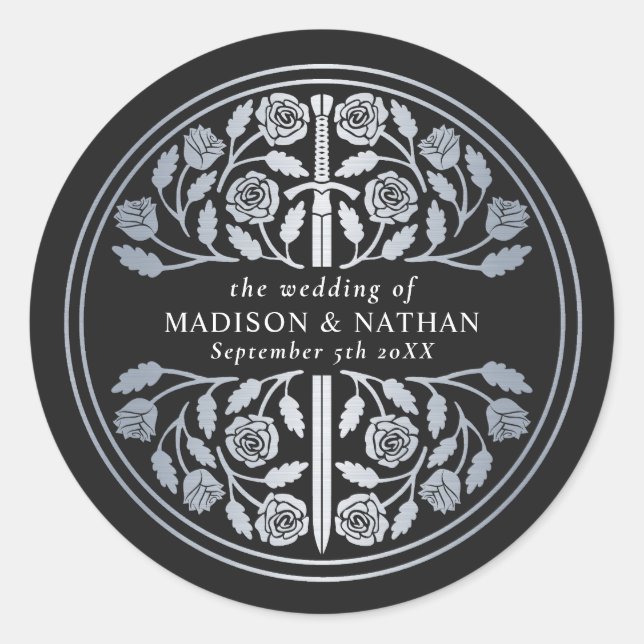 Silver Black Royal Mediaeval Sword Wedding  Classic Round Sticker (Front)