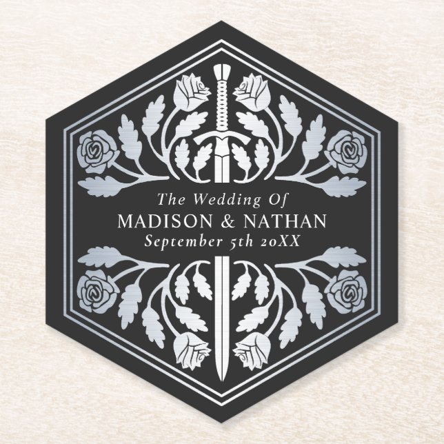 Silver Black Royal Mediaeval Sword Wedding Paper Coaster (Front)