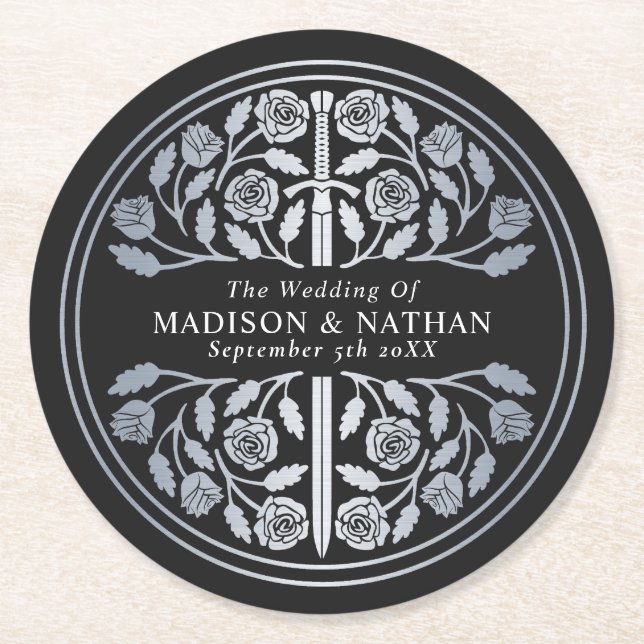 Silver Black Royal Mediaeval Sword Wedding Round Paper Coaster (Front)