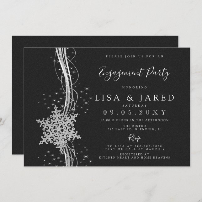 Silver Black Snowflakes Winter Engagement Party Invitation (Front/Back)