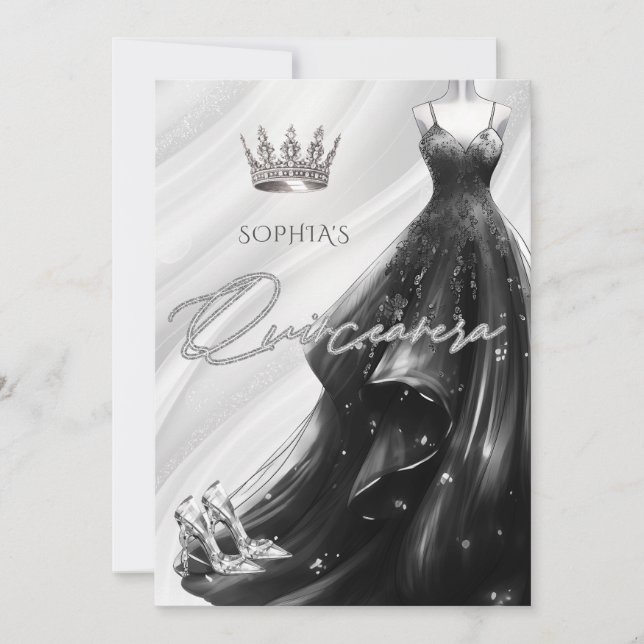 Silver Black Sparkle Dress Quinceañera  Invitation (Front)