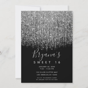 Silver & Black Sparkly Glitter Sweet 16 Party Invitation