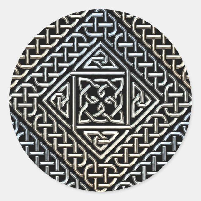 Silver Black Square Shapes Celtic Knotwork Pattern Classic Round Sticker (Front)