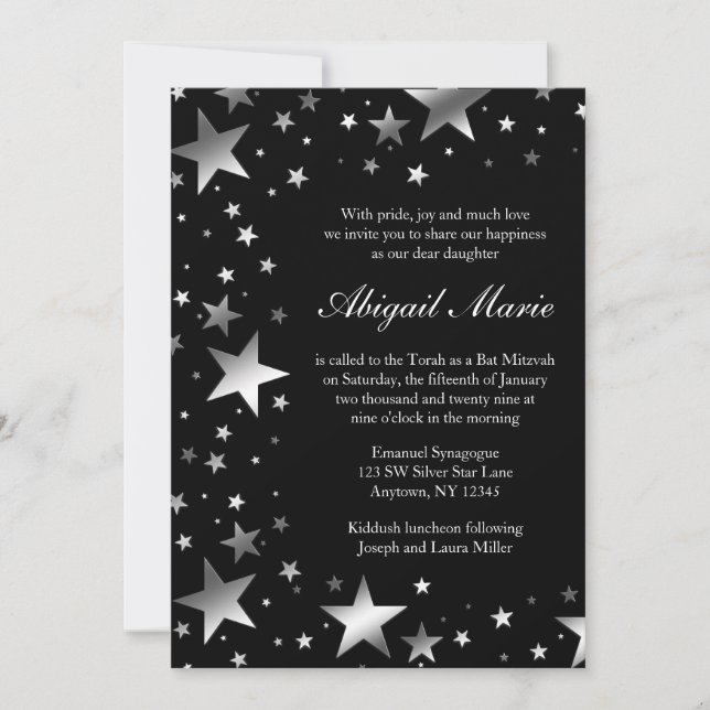 Silver Black Stars Bat Mitzvah Invitation (Front)