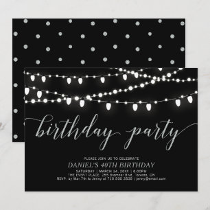 Silver & Black String Lights Adult Birthday Party Invitation