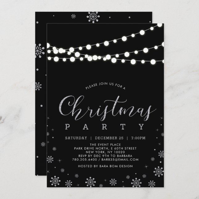 Silver & Black | String Lights Christmas Party Invitation (Front/Back)