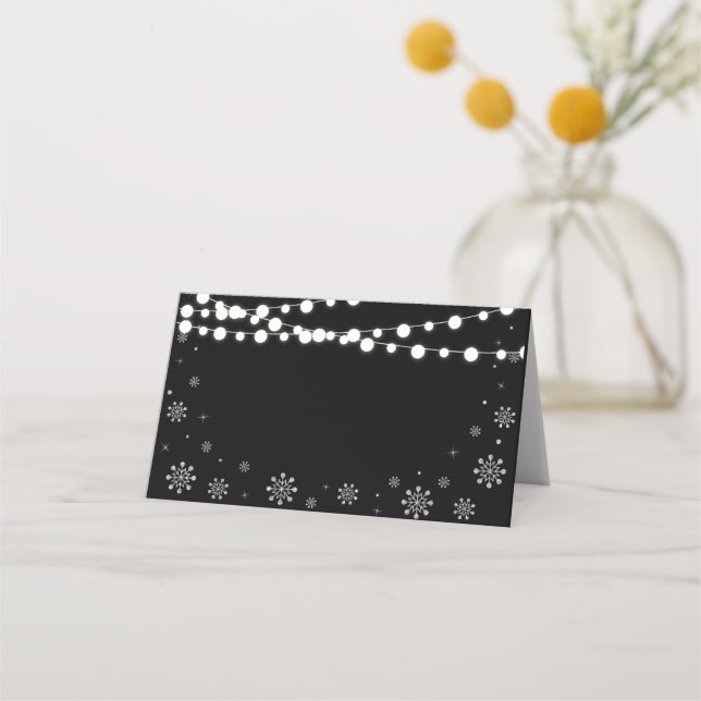 Silver & Black String Lights Winter Wedding Shower Place Card (Front)