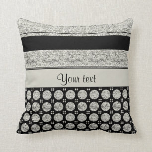 Silver & Black Stripes And Glitter Spots Cushion