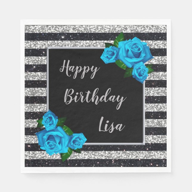 Silver Black Stripes Glitter Blue Roses Birthday Napkin (Front)