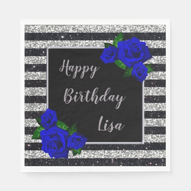 Silver Black Stripes Glitter Deep Blue Roses Napkin (Front)