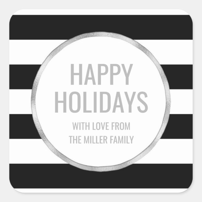 Silver Black Stripes Happy Holidays Custom Square Sticker (Front)