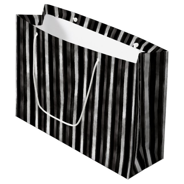 Silver Black Stripes Wedding Large Gift Bag (Front Angled)