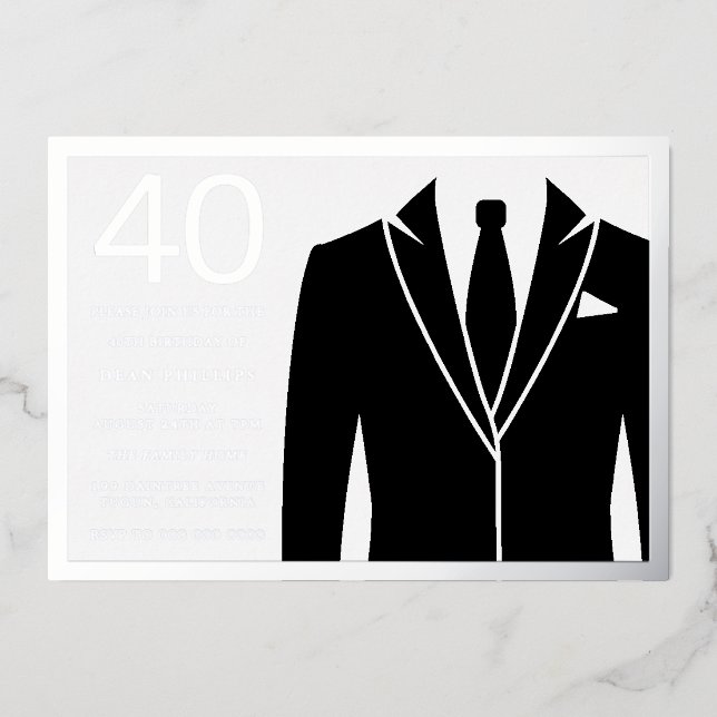 Silver & Black Suit & Tie 40th Birthday Party Foil (Front)