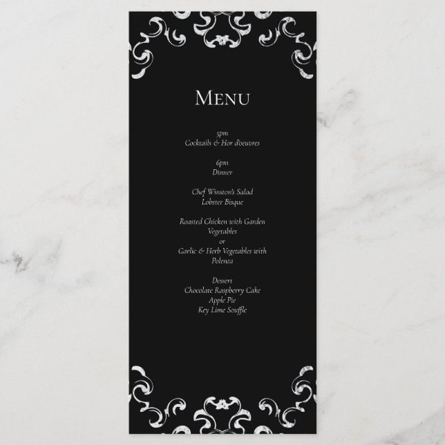 Silver & Black Swirl Gothic Wedding Menu (Front)