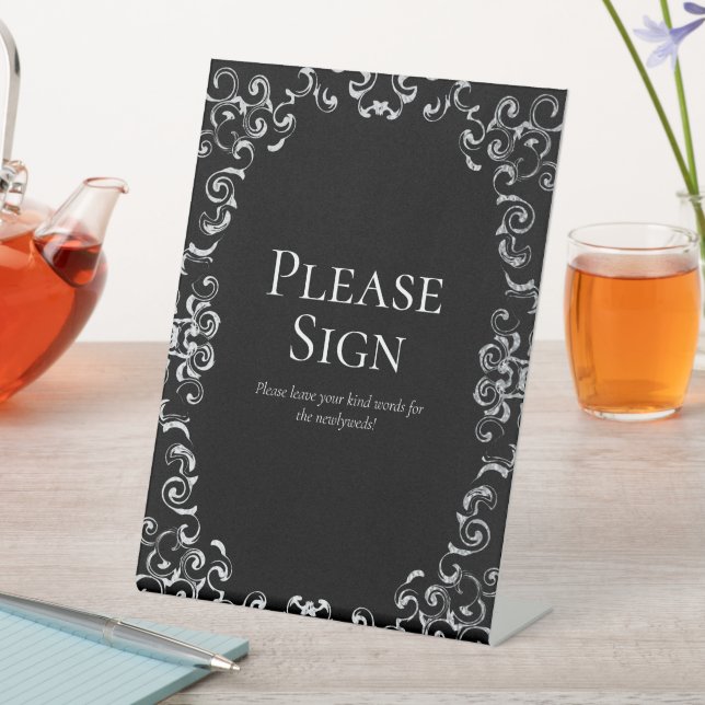 Silver Black Swirl Gothic Wedding Pedestal Sign (In SItu)