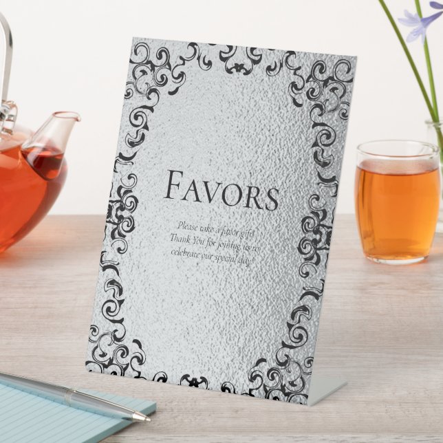 Silver & Black Swirl Gothic Wedding Pedestal Sign (In SItu)