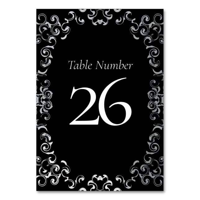 Silver & Black Swirl Gothic Wedding Table Number (Back)