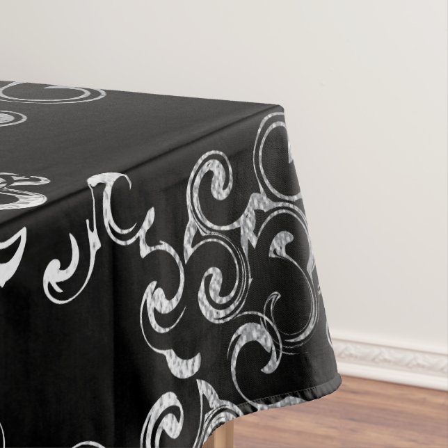 Silver & Black Swirl Gothic Wedding Tablecloth (In Situ)