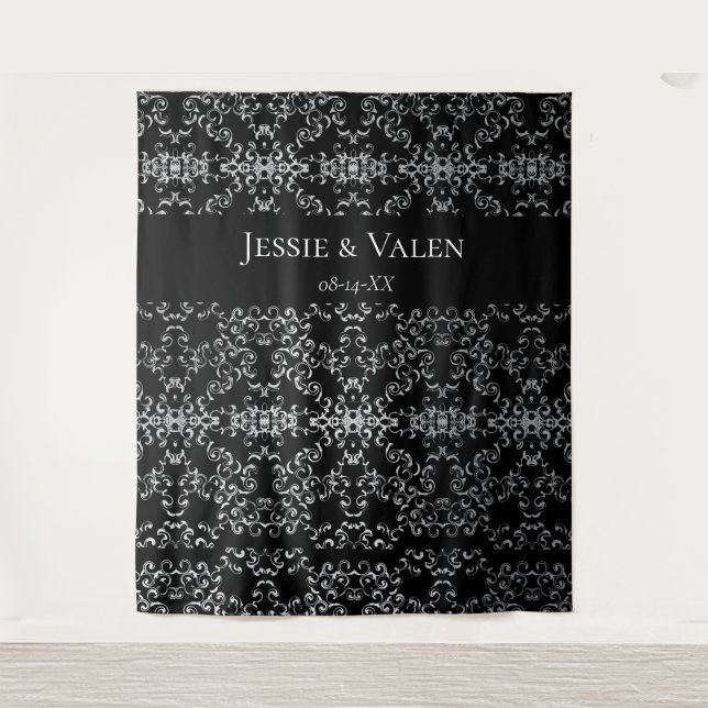 Silver & Black Swirl Gothic Wedding Tapestry (Front)