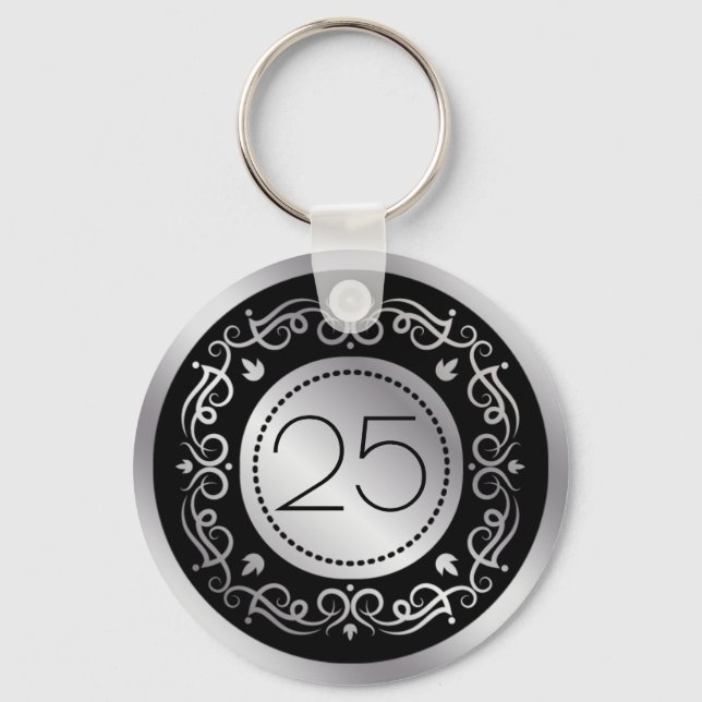 Silver black swirls 25th Wedding Anniversary Key Ring (Front)