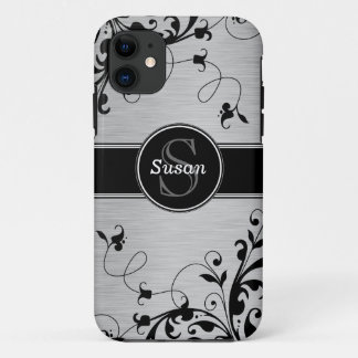SILVER BLACK SWIRLS YOUR MONOGRAM iPhone 11 CASE