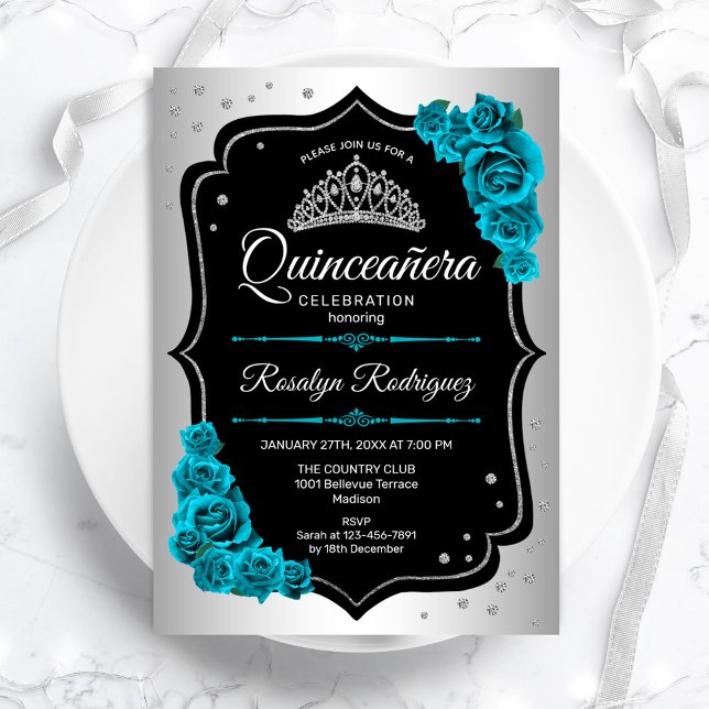 Silver Black Teal Quinceanera Invitation (Creator Uploaded)