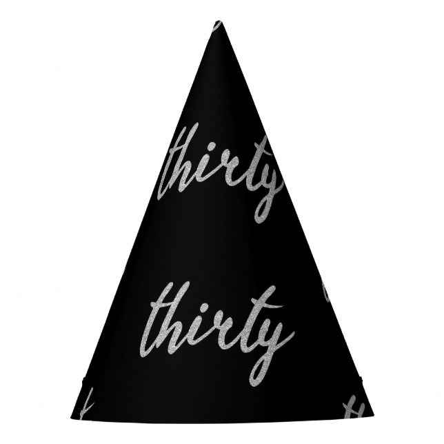 Silver Black "Thirty" 30 Birthday Party Glitter Party Hat (Front)