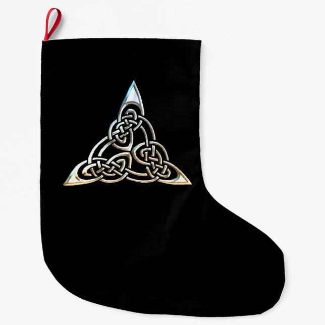 Silver Black Triangle Spirals Celtic Knot Design Large Christmas Stocking (Front)